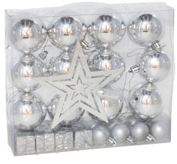 Gerimport Kerstballen, ornamenten en piek set - 29-delig - zilver - kunststof - voor kleine kerstboom