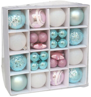 Gerimport Kerstballen pakket - 42x stuks - wit/blauw/roze - diverse formaten - kunststof Multi
