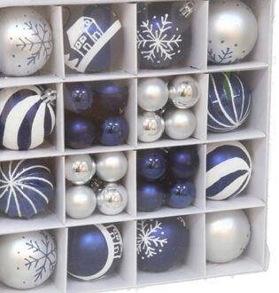 Gerimport Kerstballen pakket - 42x stuks - zilver/donkerblauw - diverse formaten - kunststof