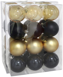 Gerimport Kerstballen set - 48x stuks - 7 cm - zwart en goud - kunststof - kerstversiering