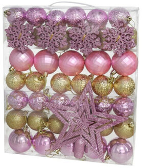 Gerimport Kerstballen set - met ster piek - 57-delig - kunststof - roze/goud Multi