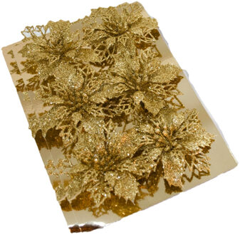Gerimport Kerstboom bloemen op clip - 12x stuks - goud - kunststof - kerstornamenten