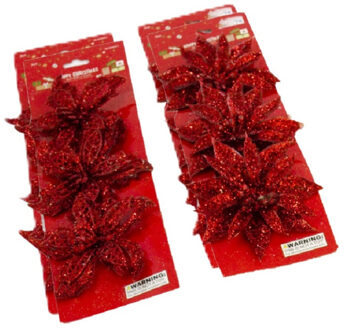 Gerimport Kerstboom bloemen op clip - 12x stuks - rood - kunststof - kerstornamenten