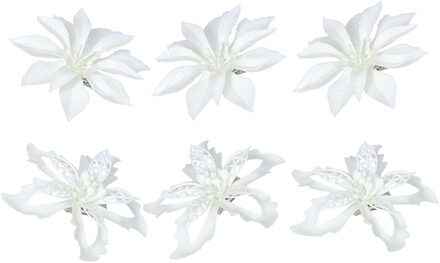 Gerimport Kerstboom bloemen op clip - 12x stuks - wit - kunststof - kerstornamenten
