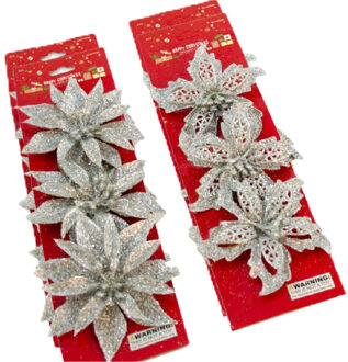 Gerimport Kerstboom bloemen op clip - 12x stuks - zilver - kunststof - kerstornamenten