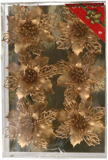 Gerimport Kerstboom bloemen op clip - 6x stuks - goud - kunststof - kerstornamenten