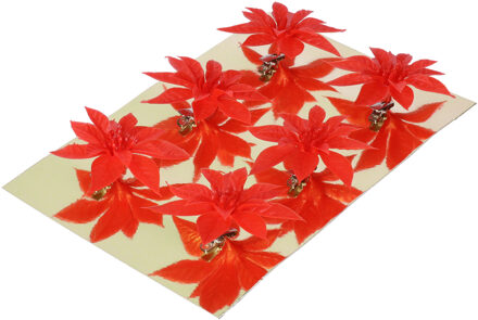 Gerimport Kerstboom bloemen op clip - 6x stuks - rood - kunststof - kerstornamenten