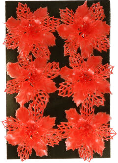 Gerimport Kerstboom bloemen op clip - 6x stuks - rood - kunststof - kerstornamenten