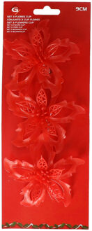 Gerimport Kerstboom bloemen op clip - 6x stuks - rood - kunststof - kerstornamenten