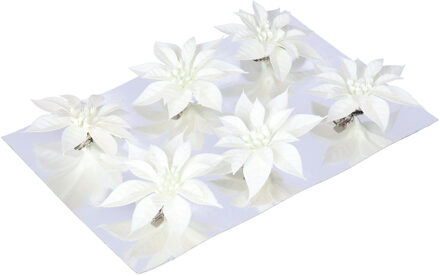 Gerimport Kerstboom bloemen op clip - 6x stuks - wit - kunststof - kerstornamenten