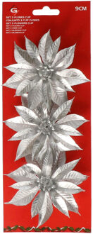 Gerimport Kerstboom bloemen op clip - 6x stuks - zilver - kunststof - kerstornamenten