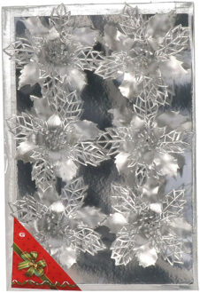 Gerimport Kerstboom bloemen op clip - 6x stuks - zilver - kunststof - kerstornamenten