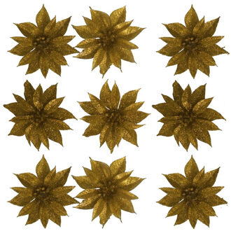 Gerimport Kerstboomversiering Bloemen - 12x stuks - 9 cm - goud glitter - op clip