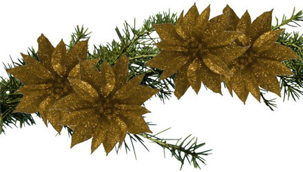 Gerimport Kerstboomversiering Bloemen - 4x stuks - 9 cm - goud glitter - op clip Goudkleurig