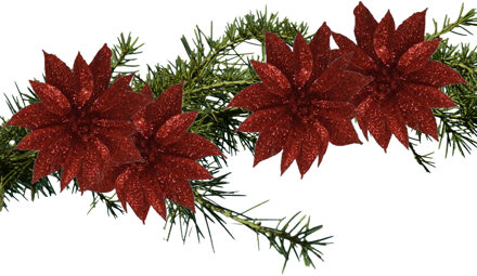 Gerimport Kerstboomversiering Bloemen - 4x stuks - 9 cm - rood glitter - op clip