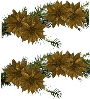 Gerimport Kerstboomversiering Bloemen - 8x stuks - 9 cm - goud glitter - op clip