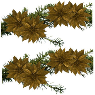 Gerimport Kerstboomversiering Bloemen - 8x stuks - 9 cm - goud glitter - op clip