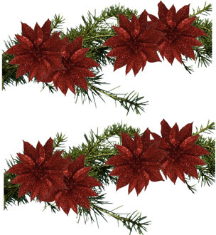 Gerimport Kerstboomversiering Bloemen - 8x stuks - 9 cm - rood glitter - op clip