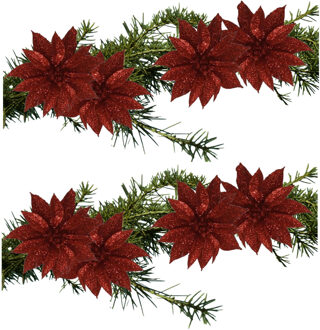 Gerimport Kerstboomversiering Bloemen - 8x stuks - 9 cm - rood glitter - op clip