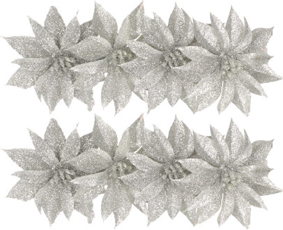 Gerimport Kerstboomversiering Bloemen - 8x stuks - 9 cm - zilver glitter - op clip