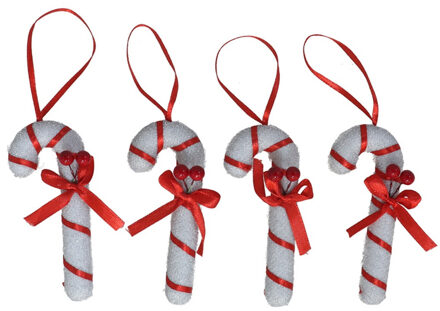 Gerimport Kersthangers zuurstokken - 4x st- kunststof - 10 cm - wit/rood - kerstornamenten