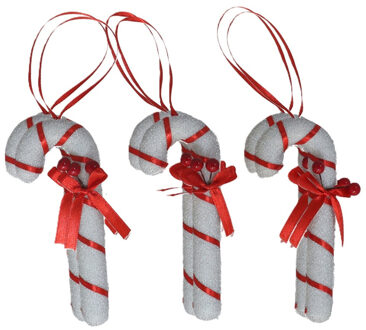 Gerimport Kersthangers zuurstokken - 6x st- kunststof - 12 cm - wit/rood - kerstornamenten