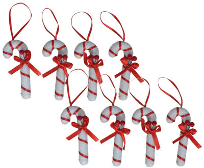 Gerimport Kersthangers zuurstokken - 8x st- kunststof - 10 cm - wit/rood - kerstornamenten
