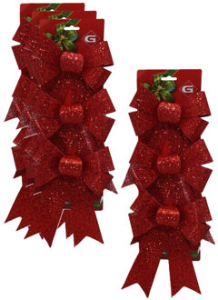 Gerimport Kerstornamenten strikken - 12x st - rood - 15 x 24 cm - glitter strikjes