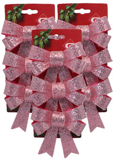Gerimport Kerstornamenten strikken - 12x st - roze - 10 x 13 cm - kerstboomstrikjes