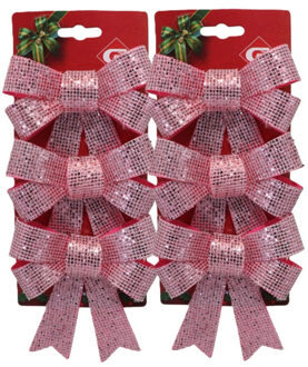 Gerimport Kerstornamenten strikken - 6x st - roze - 10 x 13 cm - kerstboomstrikjes