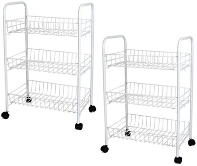 Gerimport Keuken trolley - Set van 2x stuks - wit - met 3 manden - op wieltjes - 26 x 40 x 62 cm