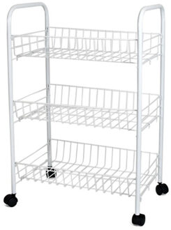 Gerimport Keuken trolley - wit - met 3 manden - op wieltjes - 26 x 40 x 62 cm