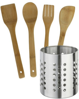 Gerimport Keukengerei - houten spatels set 4-delig - RVS houder - Keuken pollepels/spatel - bamboe
