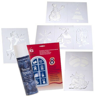 Gerimport Kleine kerst raamsjablonen - 8x- 48 x 70 cm - incl. sneeuwspray 150 ml - Decoratiesneeuw Wit