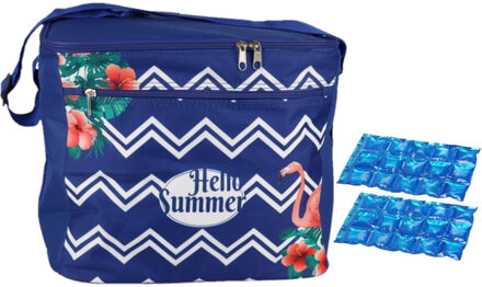 Gerimport Koeltas schoudertas blauw met zomer print met 2 stuks flexibele koelelementen 18 liter - Koeltas