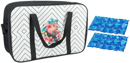Gerimport Koeltas zwart/wit met tropische vogels print met 2 stuks flexibele koelelementen 18 liter