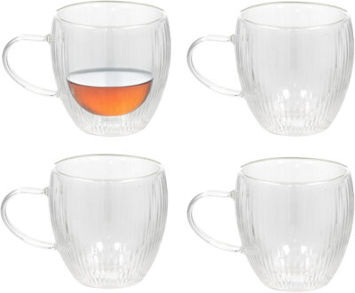Gerimport Koffieglazen Stripes - 4x - dubbelwandig - theeglas - borosilicaatglas - 250 ml - H9 cm