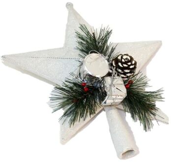 Gerimport Kunststof kerstboom ster piek wit 21 cm - Kerstpieken met decoratie - kerstboompieken