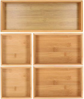 Gerimport Lade bakjes organiseer set - 5x delig - bamboe hout - opbergsysteem - 38 x 48 cm