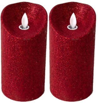 Gerimport LED kaars/stompkaars - 2x stuks - rood - H15 cm - glitters - kerst kaarsen
