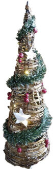 Gerimport LED kegel/piramide kerstboom lamp - rotan - met decoratie - H40 cm Groen