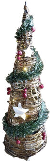 Gerimport LED kegel/piramide kerstboom lamp - rotan - met decoratie - H80 cm Groen