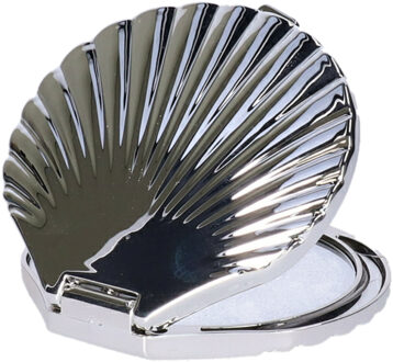Gerimport Make-up spiegel - handspiegel - zakspiegel Schelp - zilver - 7 x 6.5 cm - dubbelzijdig