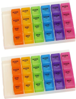 Gerimport Medicijnen doosje/pillendoosje - 2x - 28-vaks - gekleurd - geschikt voor 7 dagen