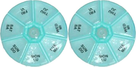 Gerimport Medicijnen doosje/pillendoosje - 2x - 7-vaks - turqouise - geschikt voor 7 dagen