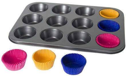 Gerimport Muffins en cupcakes bakken bakvorm/bakblik 35 x 26 cm - voor 12x stuks - Muffinvormen / cupcakevormen Grijs