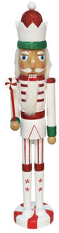 Gerimport Notenkraker decoratie figuur/beeld - 10 x 9 x 55 cm - wit/rood/groen - hout - kerstbeeld