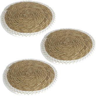 Gerimport Pannen onderzetters - Set van 3x stuks - zeegras - rond - 28x28 cm - naturel/wit