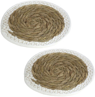 Gerimport Pannenonderzetter - Set van 2x stuks - zeegras - rond - 20x20 cm - naturel/wit - stevig - decoratief