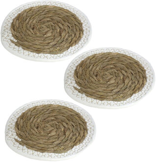 Gerimport Pannenonderzetter - Set van 3x stuks - zeegras - rond - 20x20 cm - naturel/wit - stevig - decoratief